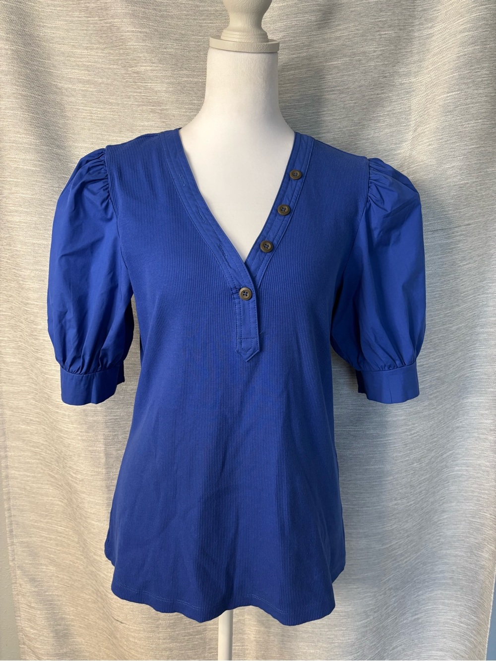 Chico's Royal Blue Puff Sleeve V-Neck Button Top